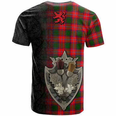 Scottish Rattray Clan Crest Tartan T-Shirt - Half Thistle Flowers Celtic Design Back Side Tartan Plaid