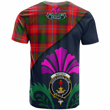 Scottish Rattray Clan Crest Tartan T-Shirt - Scotland Thistle Style Back Side Tartan Plaid