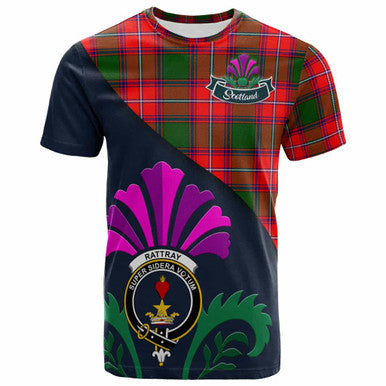 Scottish Rattray Clan Crest Tartan T-Shirt - Scotland Thistle Style Front Side Tartan Plaid