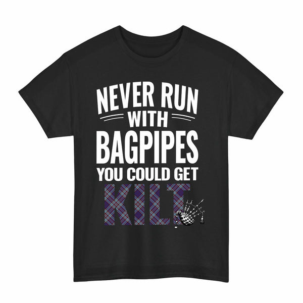 Scottish RCAF Clan Tartan Never Run With Bagpipes T-Shirt Tartan Plaid Black Color