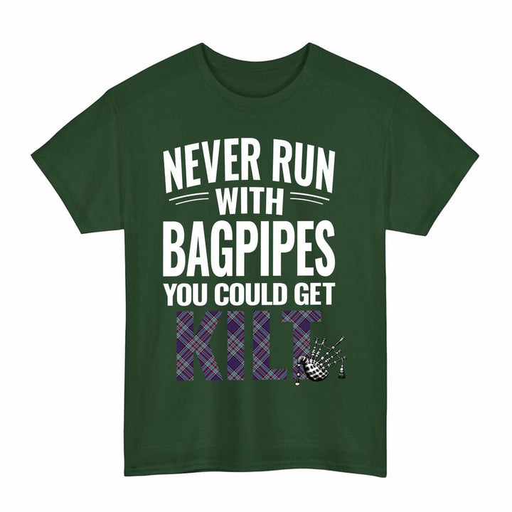 Scottish RCAF Clan Tartan Never Run With Bagpipes T-Shirt Tartan Plaid Forest Green Color