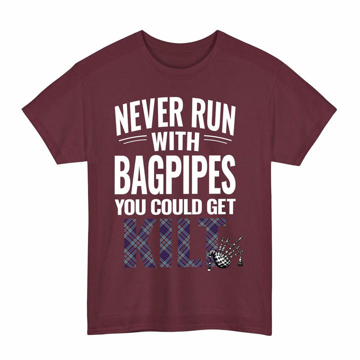 Scottish RCAF Clan Tartan Never Run With Bagpipes T-Shirt Tartan Plaid Maroon Color