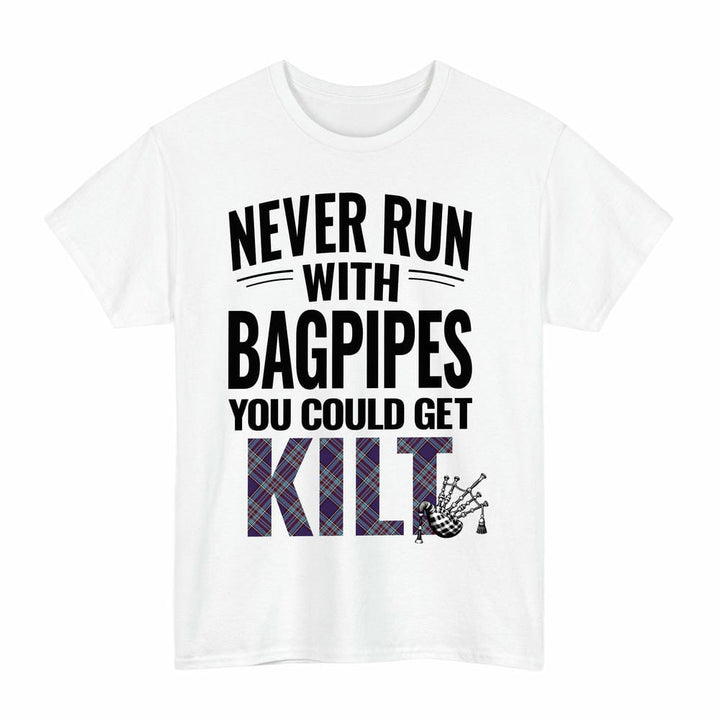 Scottish RCAF Clan Tartan Never Run With Bagpipes T-Shirt Tartan Plaid White Color