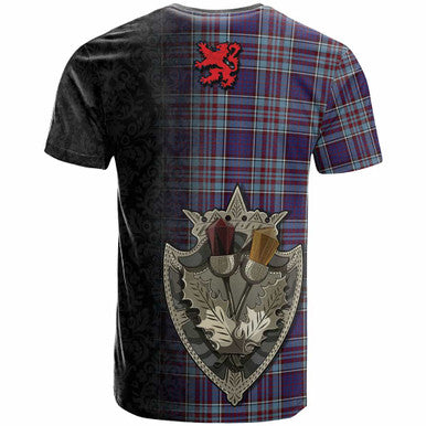 Scottish RCAF Clan Tartan T-Shirt - Half Thistle Flowers Celtic Design Back Side Tartan Plaid