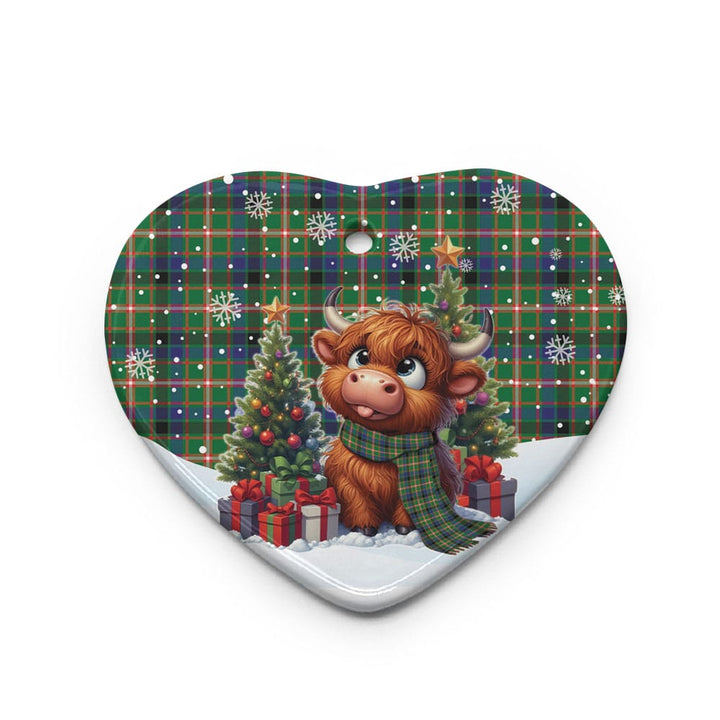 Scottish Reid Green Clan Tartan Ceramic Ornament Cute Highland Cow Christmas Heart Style Tartan Plaid