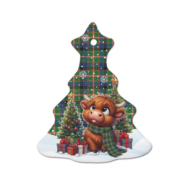 Scottish Reid Green Clan Tartan Ceramic Ornament Cute Highland Cow Christmas Tree Style Tartan Plaid