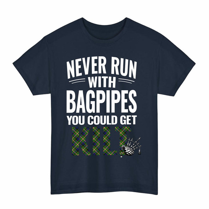 Scottish Reid Green Clan Tartan Never Run With Bagpipes T-Shirt Tartan Plaid Navy Color