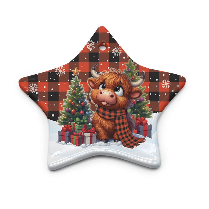Scottish Rob Roy MacGregor Ancient Clan Tartan Ceramic Ornament Cute Highland Cow Christmas Star Style Tartan Plaid