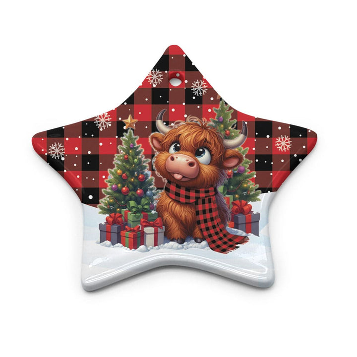 Scottish Rob Roy MacGregor Modern Clan Tartan Ceramic Ornament Cute Highland Cow Christmas Star Style Tartan Plaid