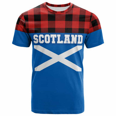 Scottish Rob Roy MacGregor Modern Clan Tartan T-Shirt - Lion Rampant of Scotland With Flag Front Side Tartan Plaid