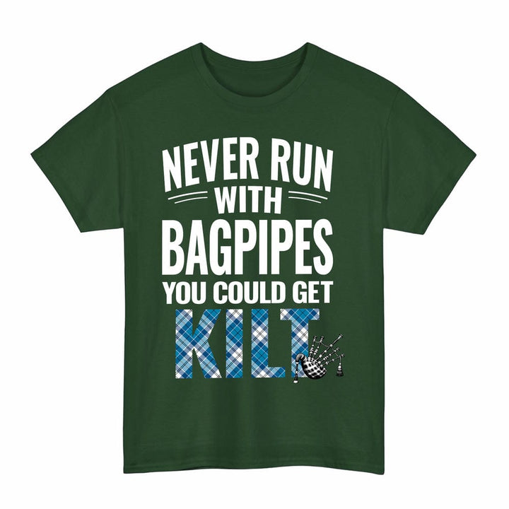 Scottish Roberton Clan Tartan Never Run With Bagpipes T-Shirt Tartan Plaid Forest Green Color