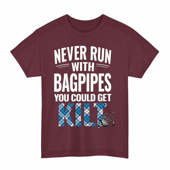 Scottish Roberton Clan Tartan Never Run With Bagpipes T-Shirt Tartan Plaid Maroon Color