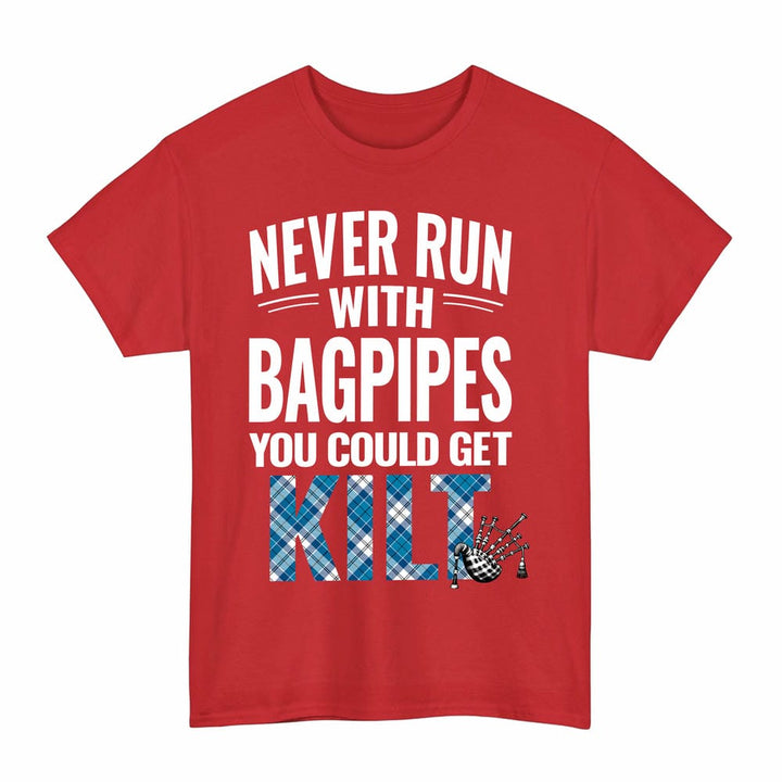 Scottish Roberton Clan Tartan Never Run With Bagpipes T-Shirt Tartan Plaid Red Color