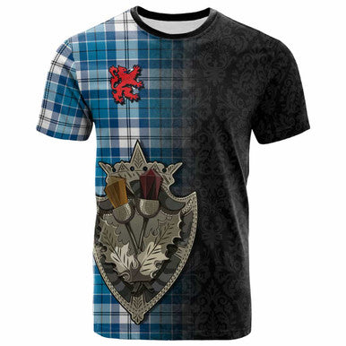 Scottish Roberton Clan Tartan T-Shirt - Half Thistle Flowers Celtic Design Front Side Tartan Plaid