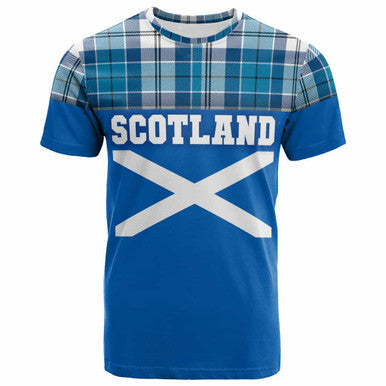 Scottish Roberton Clan Tartan T-Shirt - Lion Rampant of Scotland With Flag Front Side Tartan Plaid