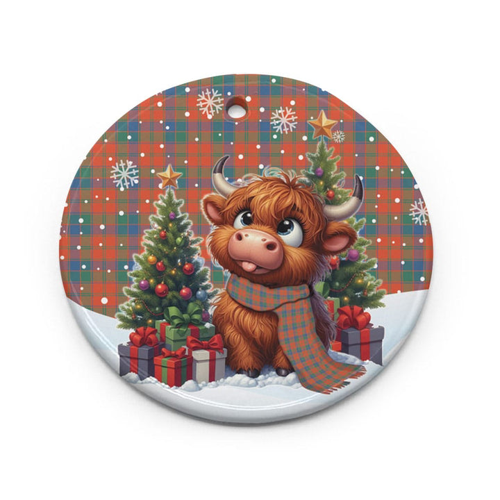 Scottish Robertson Ancient Clan Tartan Ceramic Ornament Cute Highland Cow Christmas Circle Style Tartan Plaid