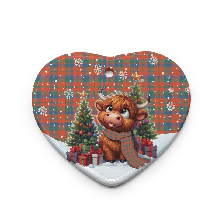 Scottish Robertson Ancient Clan Tartan Ceramic Ornament Cute Highland Cow Christmas Heart Style Tartan Plaid