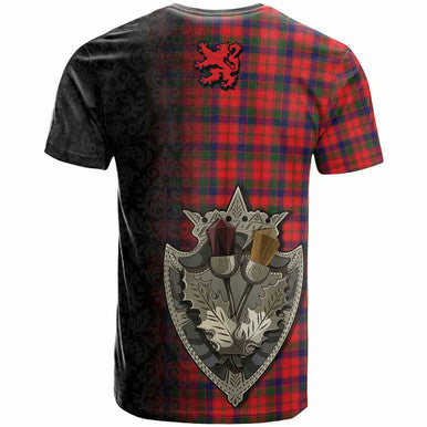 Scottish Robertson Clan Crest Tartan T-Shirt - Half Thistle Flowers Celtic Design Back Side Tartan Plaid