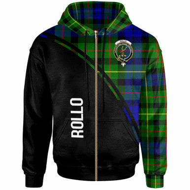 Scottish Rollo Clan Crest Tartan Curve Hoodie Zip-up Tartan Plaid