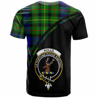 Scottish Rollo Clan Crest Tartan Curve T-Shirt Back Side Tartan Plaid