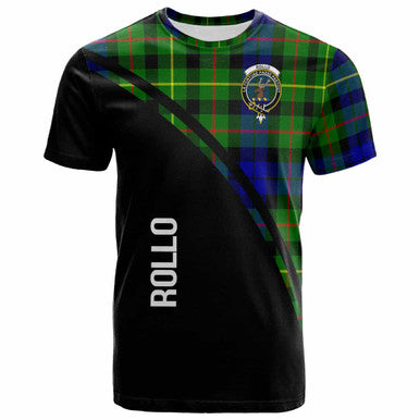 Scottish Rollo Clan Crest Tartan Curve T-Shirt Front Side Tartan Plaid