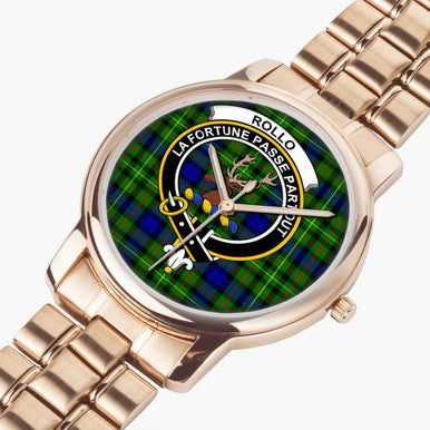 Scottish Rollo Clan Crest Tartan Folding Clasp Steel Quartz Watches Tartan Plaid Rose Gold 2