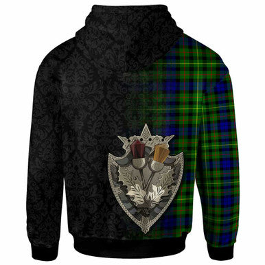 Scottish Rollo Clan Crest Tartan Hoodie - Half Thistle Flowers Celtic Design Back Side Tartan Plaid
