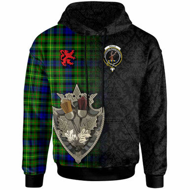 Scottish Rollo Clan Crest Tartan Hoodie - Half Thistle Flowers Celtic Design Front Side Tartan Plaid
