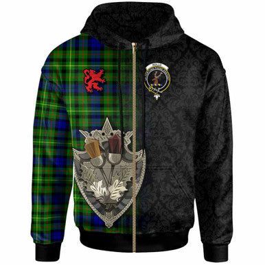 Scottish Rollo Clan Crest Tartan Hoodie - Half Thistle Flowers Celtic Design Zip-up Tartan Plaid