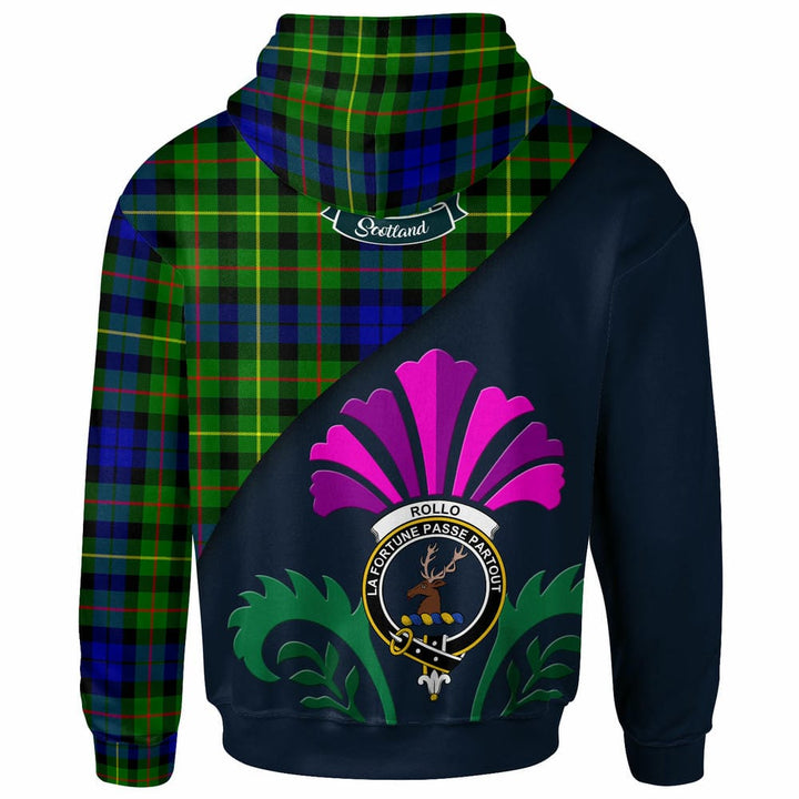Scottish Rollo Clan Crest Tartan Hoodie - Scotland Thistle Style Back Side Tartan Plaid