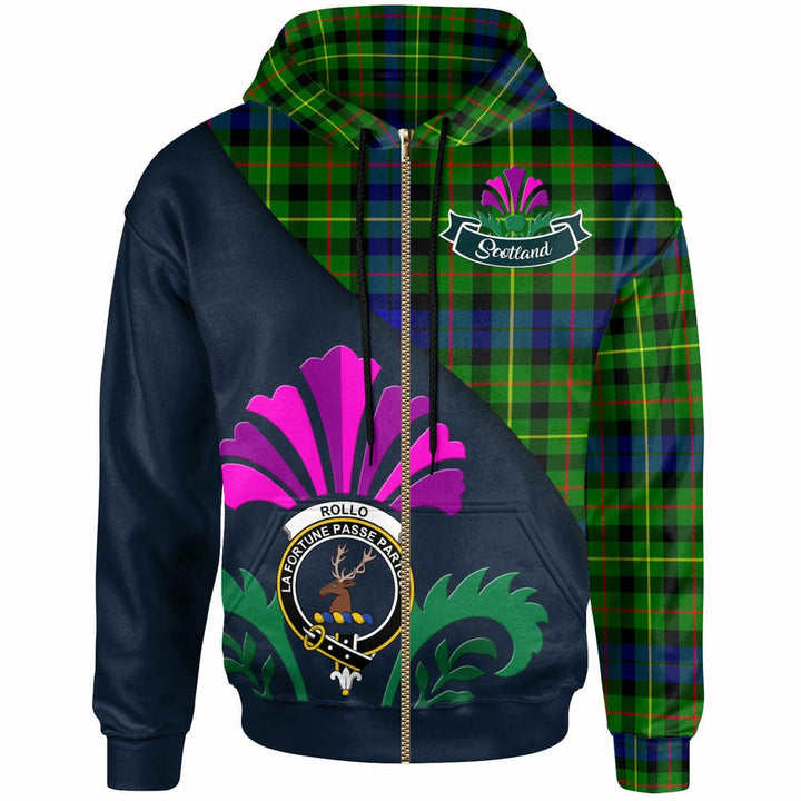 Scottish Rollo Clan Crest Tartan Hoodie - Scotland Thistle Style Zip-up Tartan Plaid