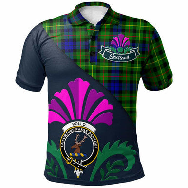 Scottish Rollo Clan Crest Tartan Polo Shirt - Scotland Thistle Style Front Side Tartan Plaid