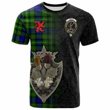 Scottish Rollo Clan Crest Tartan T-Shirt - Half Thistle Flowers Celtic Design Front Side Tartan Plaid