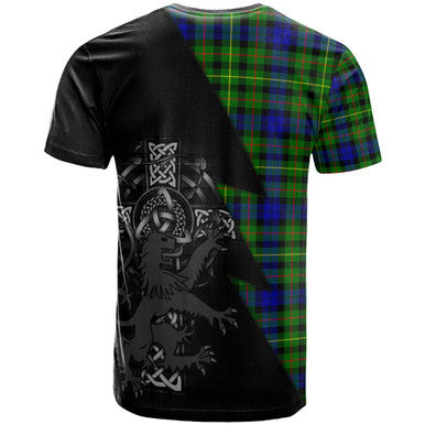 Scottish Rollo Clan Crest Tartan T-Shirt - Lion Rampant Celtic Cross Flash Style Back Side Tartan Plaid