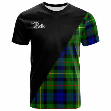 Scottish Rollo Clan Crest Tartan T-Shirt - Military Logo Front Side Tartan Plaid
