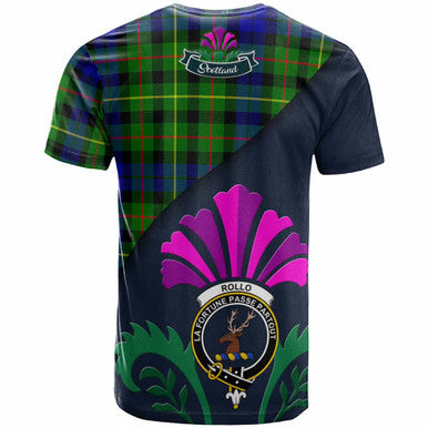 Scottish Rollo Clan Crest Tartan T-Shirt - Scotland Thistle Style Back Side Tartan Plaid