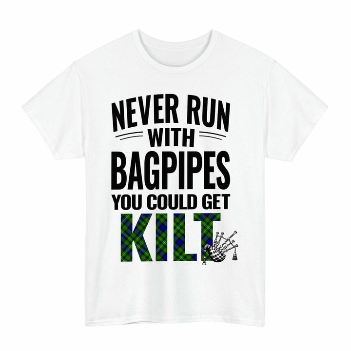 Scottish Rollo Modern Clan Tartan Never Run With Bagpipes T-Shirt Tartan Plaid White Color