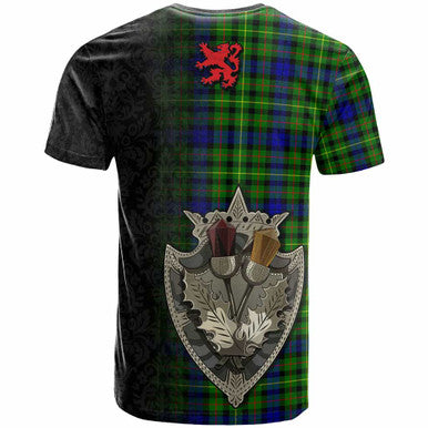 Scottish Rollo Modern Clan Tartan T-Shirt - Half Thistle Flowers Celtic Design Back Side Tartan Plaid