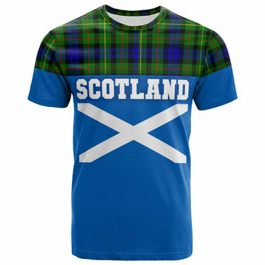 Scottish Rollo Modern Clan Tartan T-Shirt - Lion Rampant of Scotland With Flag Front Side Tartan Plaid