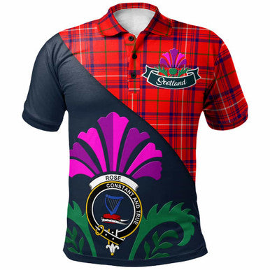 Scottish Rose Clan Crest Tartan Polo Shirt - Scotland Thistle Style Front Side Tartan Plaid