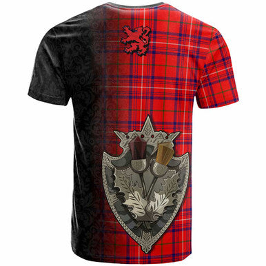 Scottish Rose Clan Crest Tartan T-Shirt - Half Thistle Flowers Celtic Design Back Side Tartan Plaid