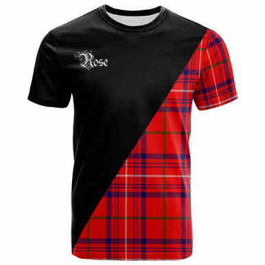Scottish Rose Clan Crest Tartan T-Shirt - Military Logo Front Side Tartan Plaid