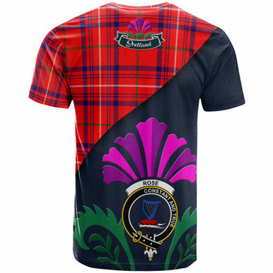 Scottish Rose Clan Crest Tartan T-Shirt - Scotland Thistle Style Back Side Tartan Plaid