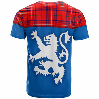 Scottish Rose Modern Clan Tartan T-Shirt - Lion Rampant of Scotland With Flag Back Side Tartan Plaid