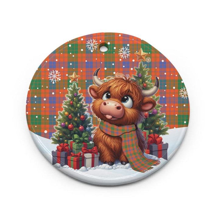 Scottish Ross Ancient Clan Tartan Ceramic Ornament Cute Highland Cow Christmas Circle Style Tartan Plaid