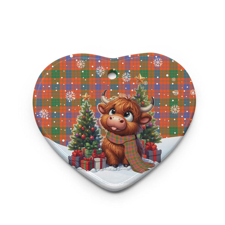 Scottish Ross Ancient Clan Tartan Ceramic Ornament Cute Highland Cow Christmas Heart Style Tartan Plaid