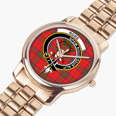 Scottish Ross Clan Crest Tartan Folding Clasp Steel Quartz Watches Tartan Plaid Rose Gold 2