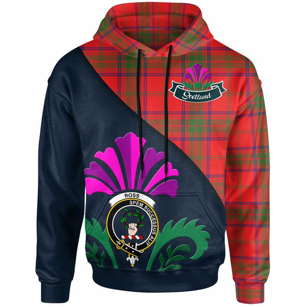 Scottish Ross Clan Crest Tartan Hoodie - Scotland Thistle Style Front Side Tartan Plaid