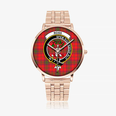 Scottish Ross Clan Crest Tartan Instafamous Steel Quartz Watches Tartan Plaid Rose Gold 1