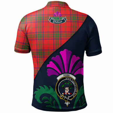 Scottish Ross Clan Crest Tartan Polo Shirt - Scotland Thistle Style Back Side Tartan Plaid